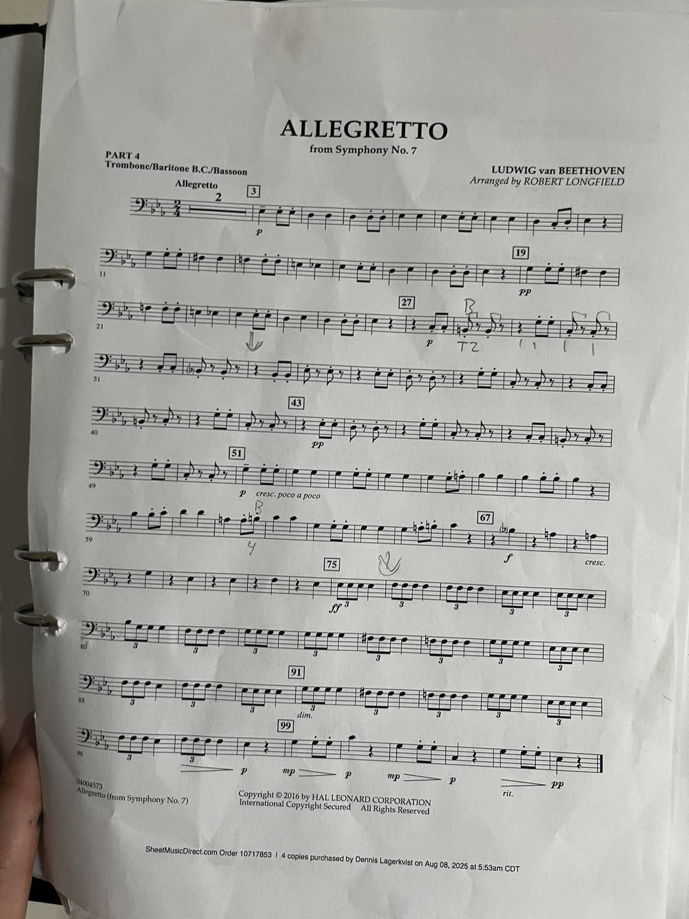 Allegretto from Beethoven's Symphony No. 7, Part 4, with pencilled slide positions