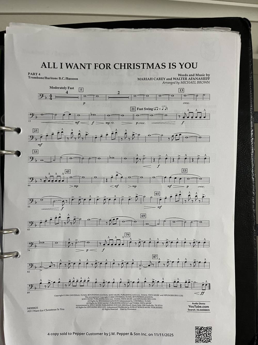 All I Want for Christmas Is You, Part 4 for trombone, baritone and bassoon