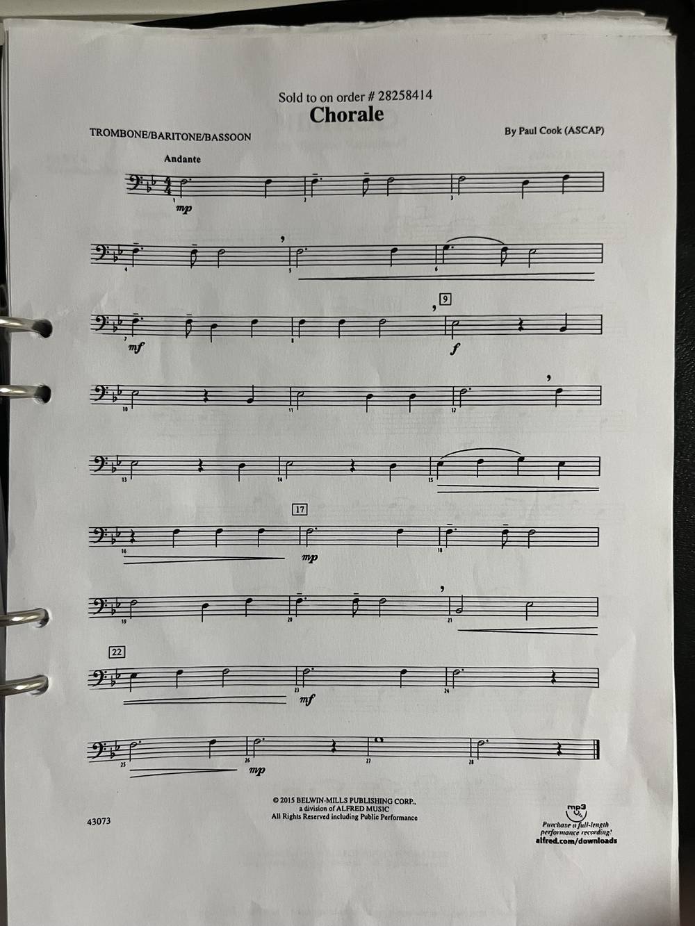 Chorale by Paul Cook for trombone, baritone and bassoon