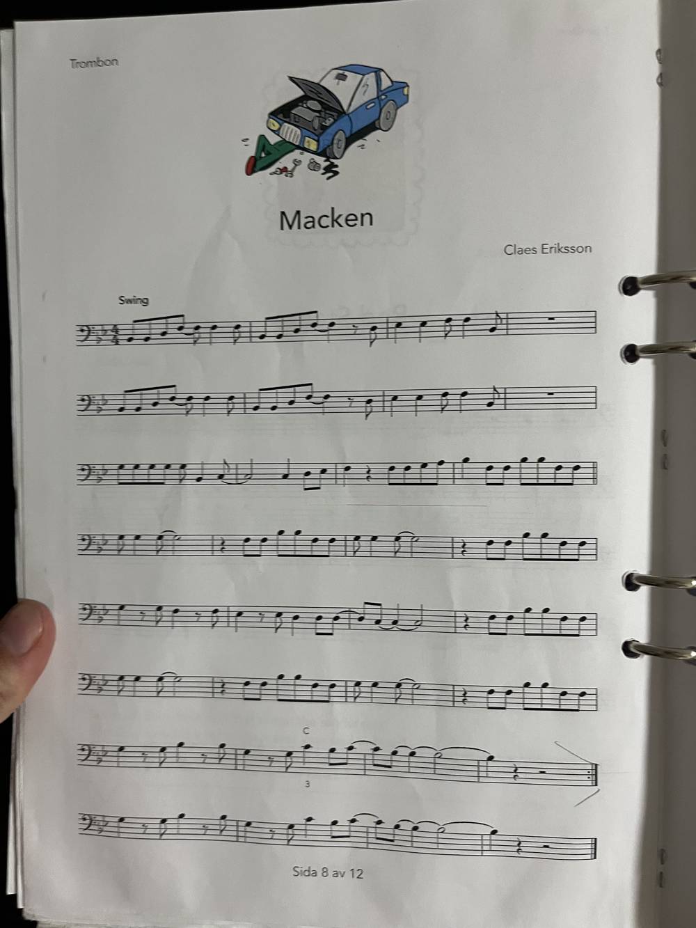Macken, a Swedish tune for trombone, with a cartoon car at the top of the page