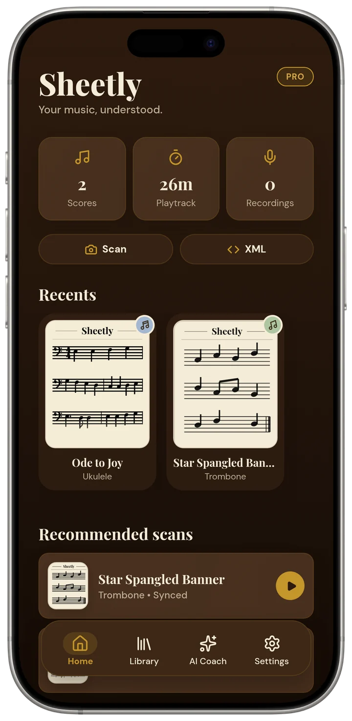 The Sheetly home screen: Scan and XML buttons above recent scores