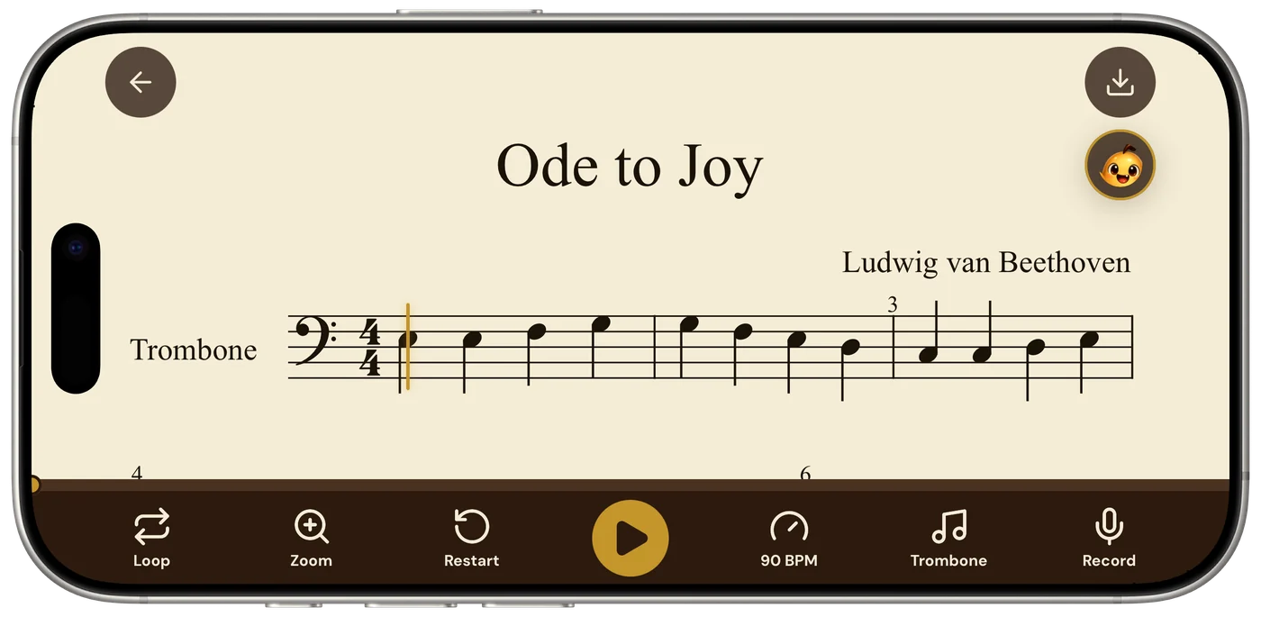 Sheetly’s practice player with loop and tempo controls