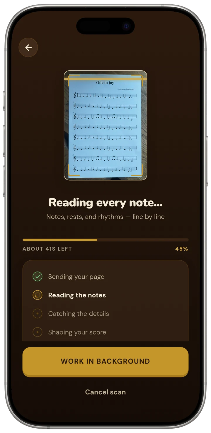The “Reading every note…” screen, with a countdown and the stages of a scan ticking off one by one