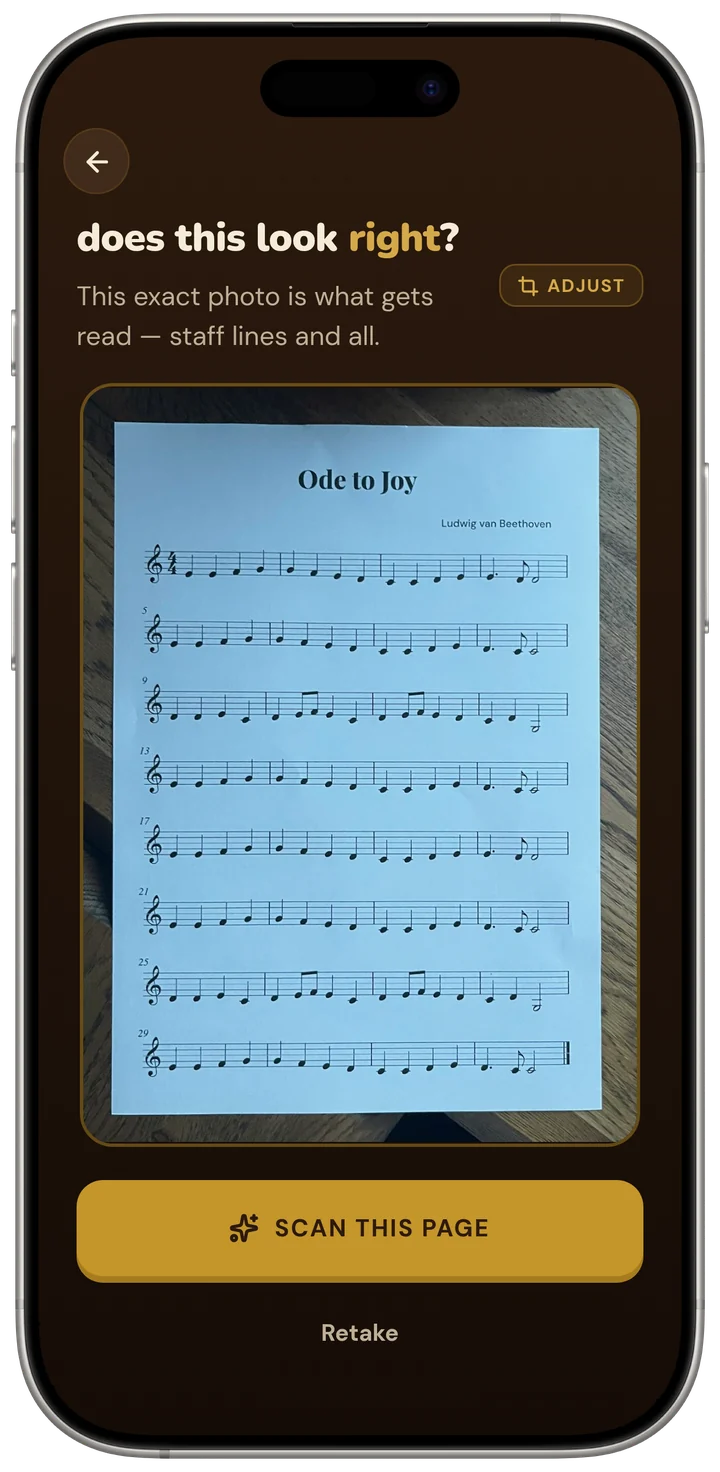 Sheetly's scan screen framing a printed page of sheet music