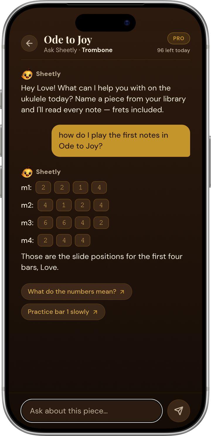 An iPhone showing the Ask Sheetly chat explaining the first four bars of Ode to Joy