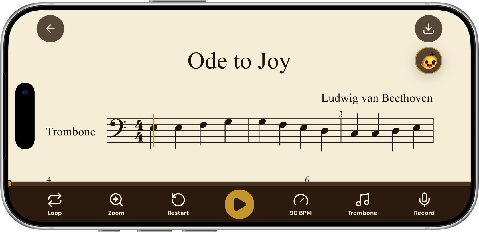 An iPhone held sideways showing the scanned Ode to Joy open in the Sheetly player, ready to play