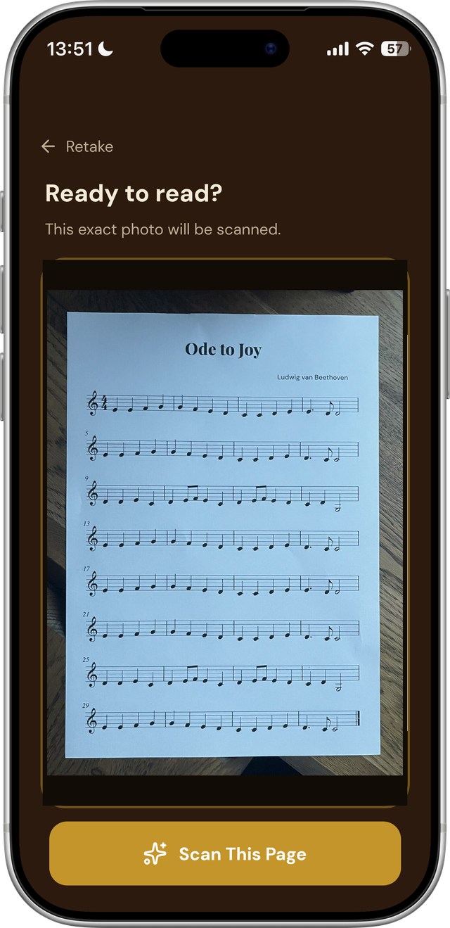 An iPhone showing Sheetly scanning a photographed page of Ode to Joy