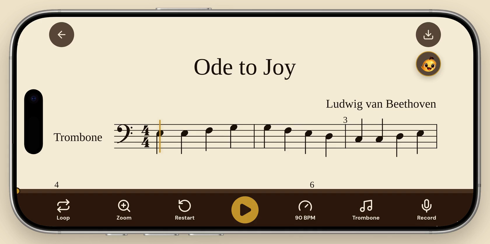 A phone held sideways running the Sheetly player on Ode to Joy, the Play button showing pause while the score plays