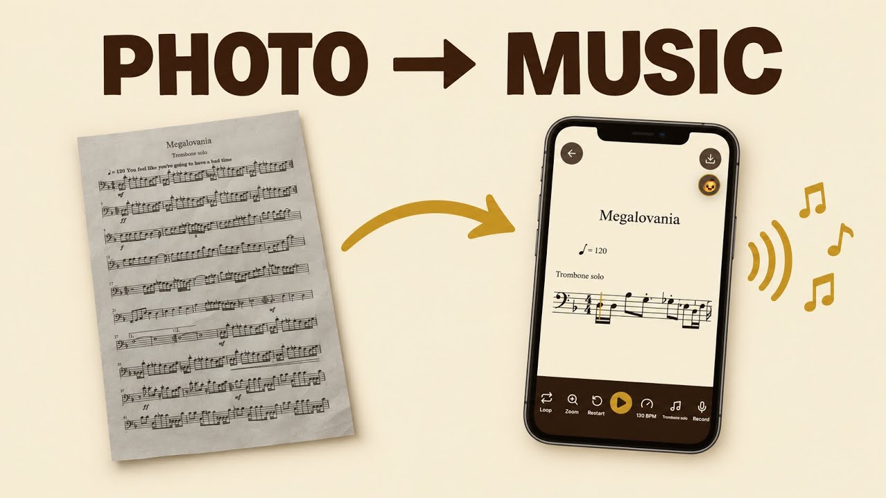 A photographed trombone part on the left, an arrow, and an iPhone playing the same score in Sheetly on the right